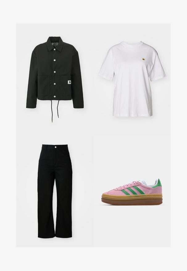 Svart, kort jakke laget av slitesterkt stoff. Har en klassisk krage, sølvfargede trykknapper, to framlommer og justerbar snor i nederkant.; Hvit bomulls t-skjorte med avslappet passform, korte ermer og en liten brodert logo på venstre brystområde.; Sorte høytlivs rettbenede bukser med frontlommer, beltehemper og en sølvfarget knappelukking på hvit bakgrunn.; Rosa semskede sneakers med grønne striper, hvite detaljer og en brun gummisåle. Har teksturert stoff og logodetaljer på siden.
