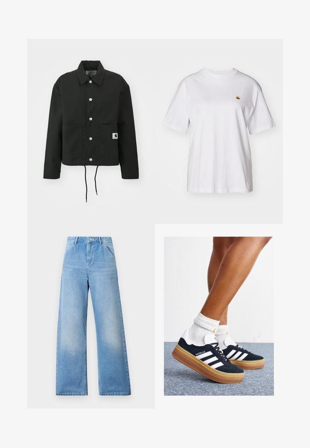 Casaco cropped preto feito de tecido durável. Apresenta um colarinho clássico, botões de pressão prateados, dois bolsos frontais e bainha ajustável com cordão.; T-shirt branca de algodão com um corte descontraído, mangas curtas e um pequeno logótipo bordado na área do peito esquerdo.; Jeans de ganga azul claro, de perna larga, com um design de cintura alta, apresentando dois bolsos frontais e fecho de botão. Acabamento limpo com desbotamento mínimo.; Ténis de camurça preta com riscas e detalhes brancos, biqueira arredondada, sola em borracha cor de goma, combinados com meias brancas caneladas até à altura do tornozelo.