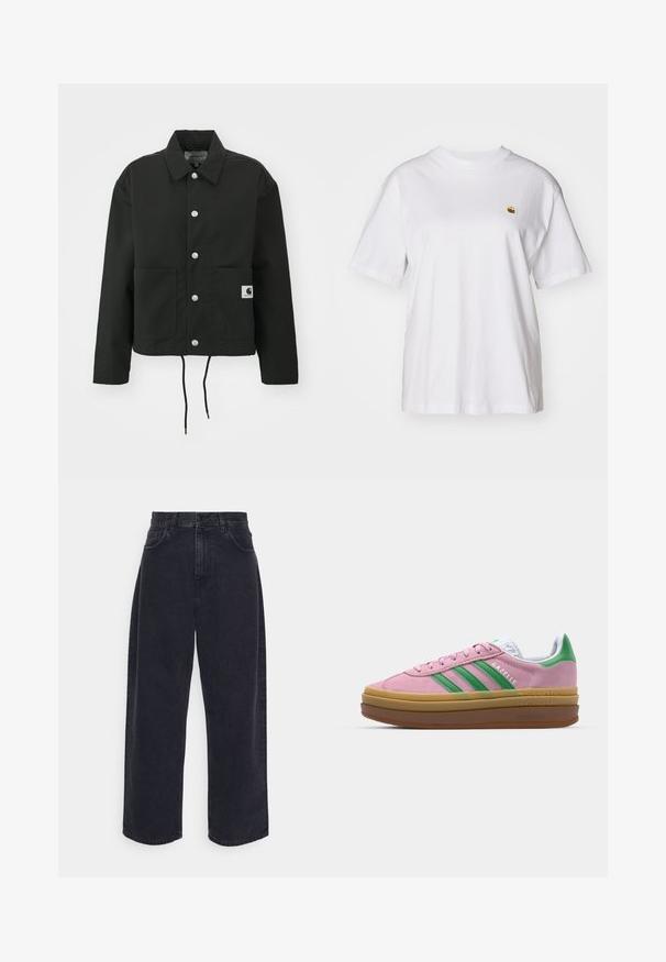 Must must ümber lõikega must jakk, mis on valmistatud vastupidavast kangast. Omab klassikalist kraed, hõbedasi tõmblukke, kahte esist taskut ja reguleeritavat nööriga hemmi.; Valge puuvillane T-särk, millel on lõdva lõikega, lühikesed varrukad ja väike broderi logo vasakul rinnakarpi.; Mustad kõrge vöökoht ja laiad jalad teksad, mis on valmistatud denimist, viie tasku, nööbiga kinnituse ja diskreetsete tikandite detailidega.; Roosa nahast tossud roheliste triipude, valgete aktsentide ja pruuni kummitaldiga. Omavad tekstuuriga kangast ja logo detaile külgedel.