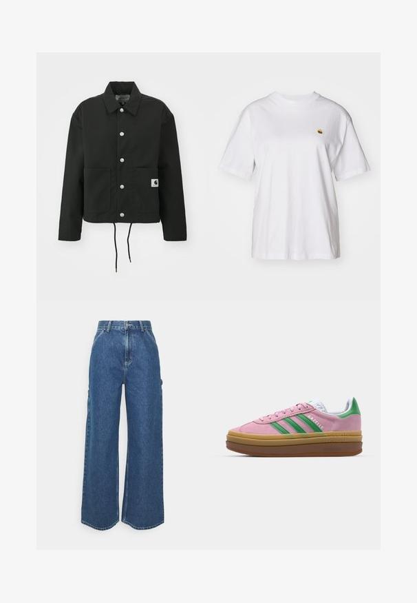 Crna skraćena jakna od izdržljivog materijala. Ima klasični ovratnik, srebrne dugmadi s kopčama, dva prednja džepa i podesivu vezicu na rubu.; Bijela pamučna majica s opuštenim krojem, kratkim rukavima i malim izvezenim logom na lijevoj strani prsnog dela.; Široke plave traperice s visokim strukom, kontrastnim šavovima i bočnim džepovima, s klasičnim dizajnom s pet džepova i sirovim rubovima.; Roze suede tenisice s zelenim trakama, bijelim detaljima i smešnim gumiranim potplatima. Imaju teksturirani materijal i logo detalje sa strane.