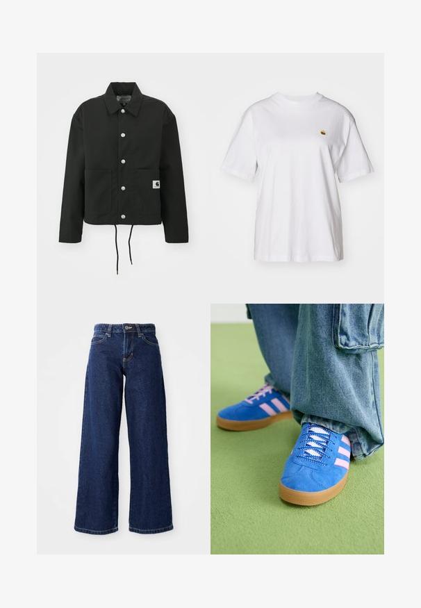 Jachetă neagră scurtă, fabricată dintr-un material durabil. Prezintă un guler clasic, nasturi cu clipsuri argintii, două buzunare frontale și un tiv ajustabil cu șnur.; Tricou alb din bumbac cu o croială lejeră, mâneci scurte și un mic logo brodat în zona stângă a pieptului.; Blugi negri, din denim, cu croială largă, prevăzuți cu sistem de închidere cu buton și fermoar, paspoale pentru curea și un design clasic cu cinci buzunare.; Pantofi din piele întoarsă albaștri cu dungi roz și șireturi albe, având o talpă din cauciuc gumat, asortați cu pantaloni din denim largi pe o suprafață verde.