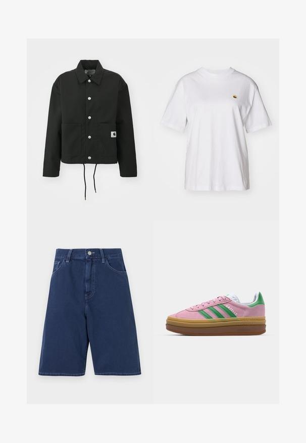 Sort cropped jakke lavet af slidstærkt stof. Har en klassisk krave, sølvfarvede trykknapper, to frontlommer og justerbar snoretræk i nederste kant.; Hvid bomulds-t-shirt med en afslappet pasform, korte ærmer og et lille broderet logo på venstre brystområde.; Marineblå denimshorts med et traditionelt fem-lomme design, bæltestropper og en lukning med frontknap. Glat tekstur med synlige sømme.; Lyserøde ruskindsneakers med grønne striber, hvide accenter og en brun gummisål. Har tekstureret stof og logodetaljer på siden.
