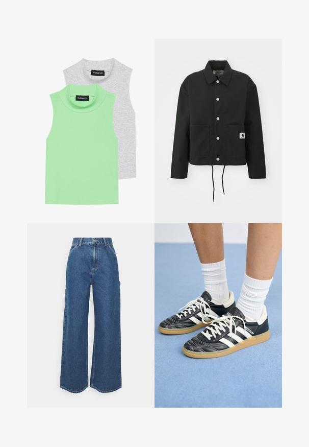 Giacca nera cropped realizzata in tessuto resistente. Presenta un colletto classico, bottoni automatici argentati, due tasche frontali e orlo regolabile con coulisse.; Due maglie senza maniche a collo alto: una in tessuto a coste verde chiaro e una grigia, con un taglio dritto e una consistenza morbida e liscia.; Pantaloni in denim blu a gamba larga con vita alta, cuciture a contrasto e tasche laterali, caratterizzati da un classico design a cinque tasche e orli grezzi.; Sneaker in pelle nera con strisce bianche, punta rotonda, lacci bianchi e suola in gomma. Menzionate del collare imbottito e dettagli del marchio.