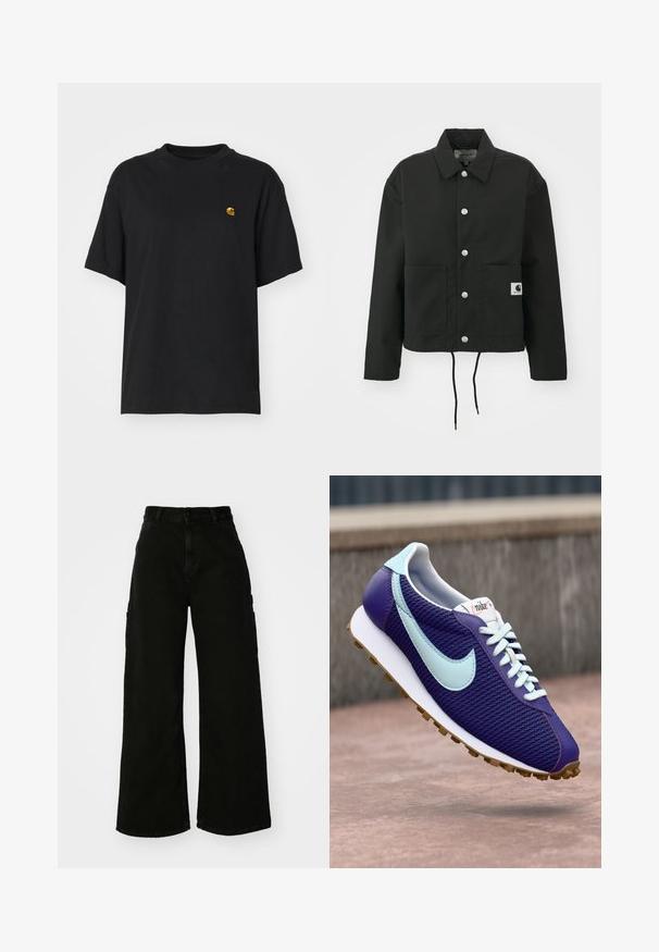 Černá zkrácená bunda vyrobená z odolné tkaniny. Obsahuje klasický límec, stříbrné cvoky, dvě přední kapsy a nastavitelné stahování v dolní části.; Černé bavlněné tričko s uvolněným střihem. Má kulatý výstřih a krátké rukávy. Obsahuje malé zlaté vyšívané logo na hrudi.; Černé široké cargo kalhoty vyrobené z denimu, s vysokým pasem, předním zapínáním na knoflík a bočními kapsami. Hladká textura s minimálním prošíváním.; Fialová Nike teniska s světle modrým swoosh, bílými tkaničkami a gumovou podrážkou, zobrazená jak levituje nad betonovým povrchem venku.