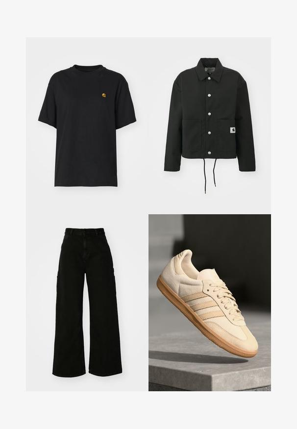 Veste noire coupée en tissu durable. Comprend un col classique, des boutons-pression argentés, deux poches avant et un ourlet avec cordon de serrage réglable.; T-shirt en coton noir à coupe décontractée. Présente un col rond et des manches courtes. Comprend un petit logo doré brodé sur la poitrine.; Pantalons cargo larges noirs en denim, avec taille haute, fermeture à bouton sur le devant et poches latérales. Texture lisse avec des coutures minimales.; Sneaker en suède beige clair avec semelle en gomme, trois rayures diagonales et un capuchon de pied texturé. Logo sur la languette et sur le côté.