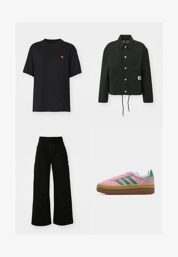 Jachetă neagră scurtă, fabricată dintr-un material durabil. Prezintă un guler clasic, nasturi cu clipsuri argintii, două buzunare frontale și un tiv ajustabil cu șnur.; Tricou din bumbac negru, cu o croială lejeră. Are guler rotund și mâneci scurte. Include un mic logo brodat auriu pe piept.; Pantaloni cargo negri, cu pantaloni largi din denim, având talie înaltă, închidere cu fie-button în față și buzunare laterale. Textură netedă cu cusături minime.; Sneakers din suede roz cu dungi verzi, accente albe și o talpă din cauciuc brun. Prezintă un material texturat și detalii cu logo pe lateral.