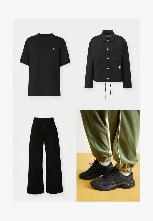 Must must ümber lõikega must jakk, mis on valmistatud vastupidavast kangast. Omab klassikalist kraed, hõbedasi tõmblukke, kahte esist taskut ja reguleeritavat nööriga hemmi.; Must must särk lõdva lõikega. Omab ümmargust kaelust ja lühikesi varrukaid. Rinnal on väike kuldne tikandiga logo.; Must musta laiad jõhkrad püksid, mis on valmistatud denimist, kõrge vöökoha, esise nupu sulgemise ja küljetaskutega. Sile tekstuur minimaalse õmblusega.; Mustad mustad spordijalatsid, millel on võrgust ja sünteetilistest materjalidest pealmine osa, tekstureeritud tallad, koos roheliste, elastse pitsiga dressipüksidega, kollasel pinnal.