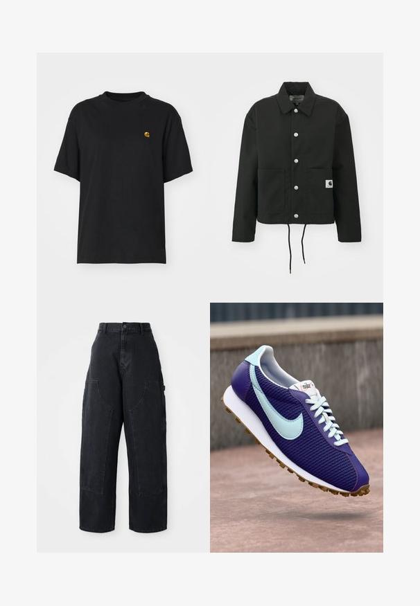 Sort cropped jakke lavet af slidstærkt stof. Har en klassisk krave, sølvfarvede trykknapper, to frontlommer og justerbar snoretræk i nederste kant.; Sort bomulds T-shirt med en afslappet pasform. Har en rund halsudskæring og korte ærmer. Inkluderer et lille guld broderet logo på brystet.; Sorte denim cargo bukser med vidde og høj talje, to store forlommer og knaplukning i taljen. Glat tekstur, casual design.; Lilla Nike sneakers med lyseblå swoosh, hvide snørebånd og gummisål, der svæver over en betonoverflade udendørs.