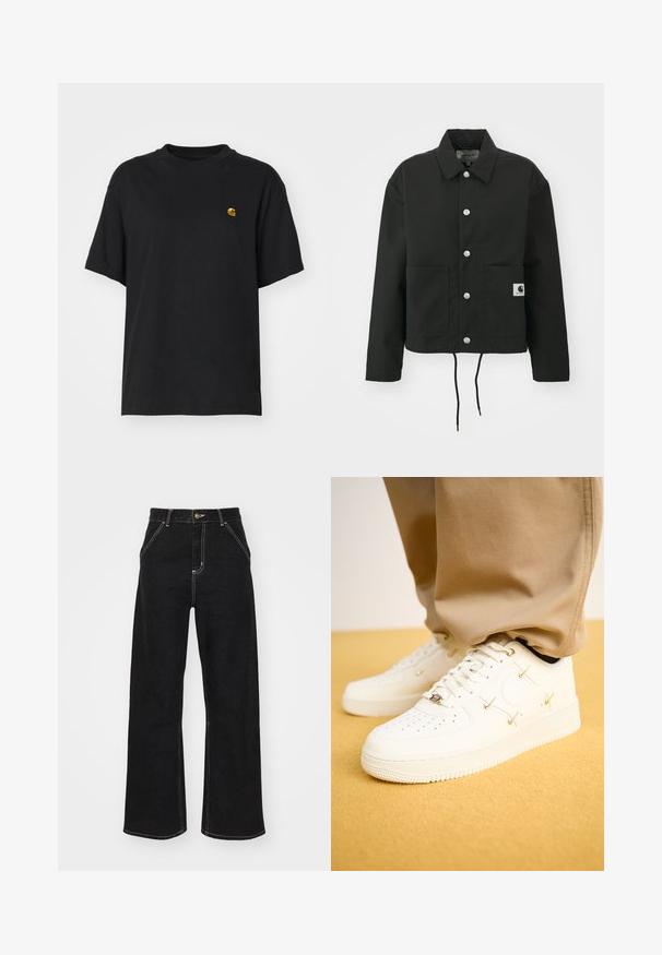 Juodas trumpas švarkas, pagamintas iš tvirto audinio. Savybės: klasikinė apykaklė, sidabriniai mygtukai, dvi priekinės kišenės ir reguliuojamas raištelis aptempimui.; Juoda medvilnės marškinėliai su laisvu siluetu. Turi apvalų kaklą ir trumpas rankoves. Ant krūtinės yra maža auksinė siuvinėta logo.; Juodi platūs džinsai, pagaminti iš džinsinio audinio, su kontrastingomis baltomis siūlėmis ir priekiniais mygtukais, turintys du kampinius priekinio kišenes.; Balti odiniai sportbačiai su perforuotu pirštu, auksiniais akcentais ir plokščiomis virvutėmis, derinami su smėlio spalvos kelnėmis ant tekstūruotos geltonos dangos.
