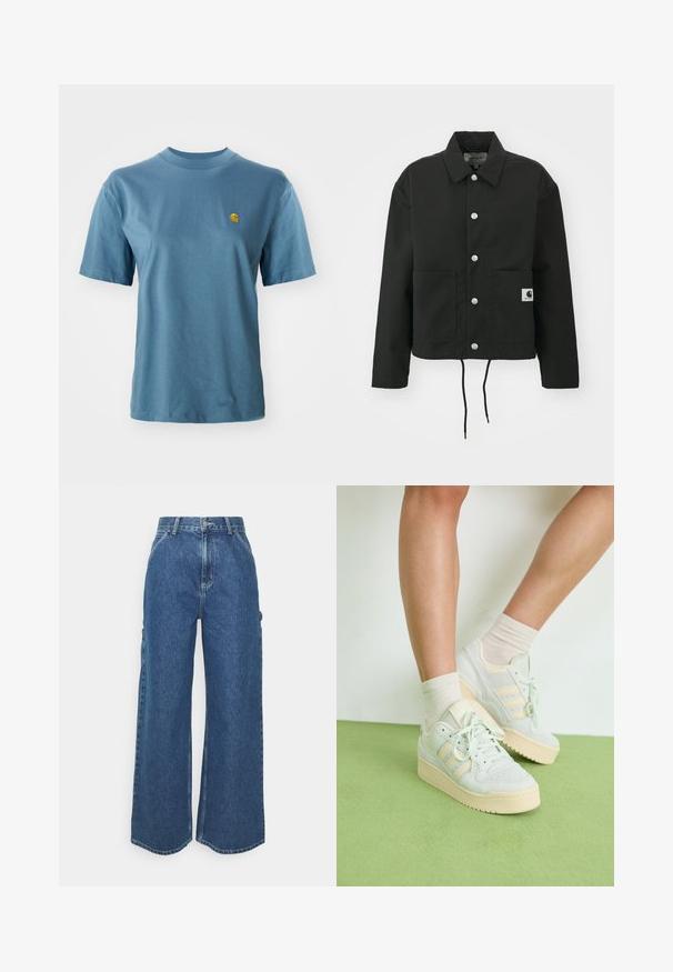 Sort cropped jakke lavet af slidstærkt stof. Har en klassisk krave, sølvfarvede trykknapper, to frontlommer og justerbar snoretræk i nederste kant.; Lyseblå bomulds t-shirt med korte ærmer og ribbet rund hals. Har et lille gult logo på venstre bryst som detalje.; Bredde ben blå denimbukser med høj talje, kontrastsyede sømme og sidelommer, med et klassisk fem-lomme design og rå kanter.; Lysgrønne sneakers med en tekstureret overflade, der har tre hvide striber, en cremefarvet gummisål og snørelukning. Bæres med lyse sokker.