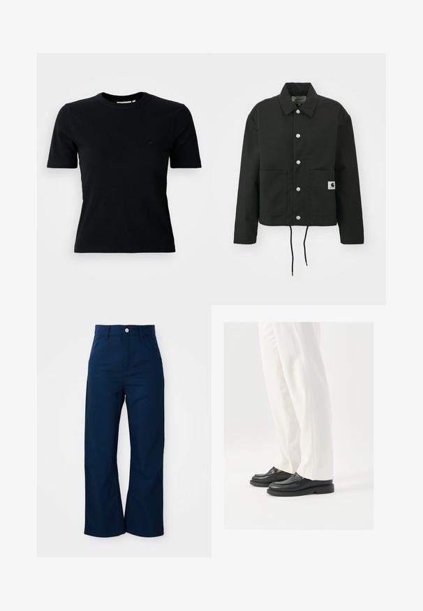 Svart, kort jakke laget av slitesterkt stoff. Har en klassisk krage, sølvfargede trykknapper, to framlommer og justerbar snor i nederkant.; Svart ribbestrikket t-skjorte med korte ermer og rund hals; har en subtil logo på brystet; laget av et mykt, strukturert stoff.; Marineblå vide bukser lavet af robust stof, med knaplukning foran og fire lommer med en glat tekstur.; Sorte lærloafers med en glat tekstur, syningdetaljer og en rund tå, parret med hvide skræddersyede bukser.