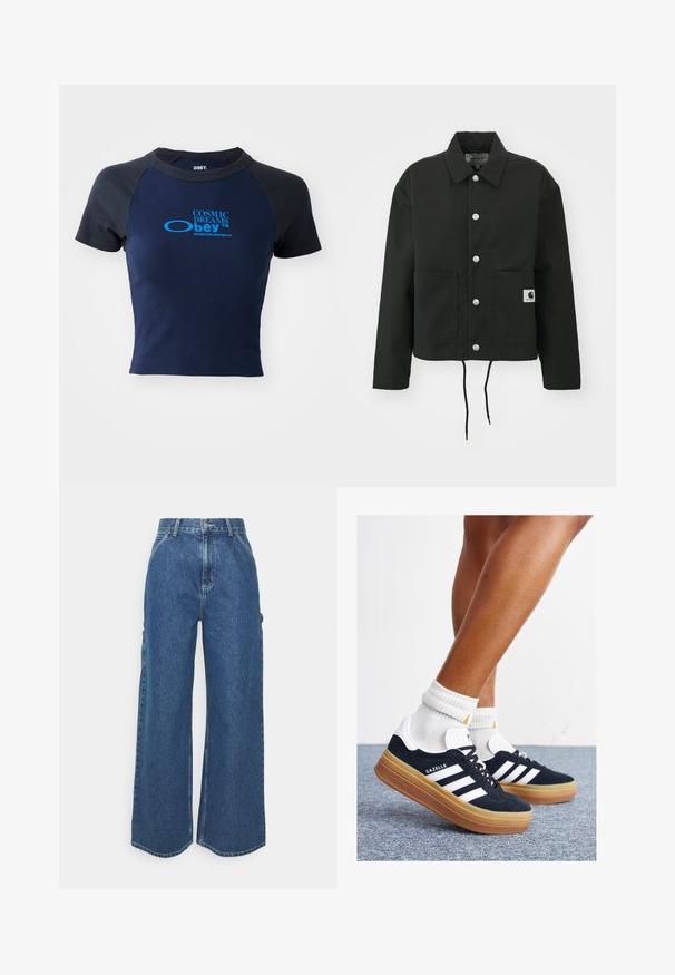 Melnā apgrieztā jakā, kas izgatavota no izturīga auduma. Tam ir klasiskā apkakle, sudraba kniedes, divas priekšējās kabatas un regulējams savelkamo apakšmalu.; Obey Clothing COSMIC DREAMS - Apdrukāts T-krekls - black iris; Platleņķa zili džinsi ar augstu jostasvietu, kontrastējošām šuvēm un sānu kabatām, ar klasisku piecu kabatu dizainu un neapstrādātiem malām.; Melnas zamšādas sporta kurpes ar baltām svītrām un akcentiem, apaļa purngala daļa, gumijas zole, kopā ar baltām ribotām sporta zeķēm.