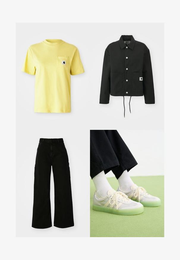Veste noire coupée en tissu durable. Comprend un col classique, des boutons-pression argentés, deux poches avant et un ourlet avec cordon de serrage réglable.; T-shirt en coton jaune à manches courtes, col rond et poche avant avec un patch logo noir. Texture lisse, design décontracté.; Pantalons cargo larges noirs en denim, avec taille haute, fermeture à bouton sur le devant et poches latérales. Texture lisse avec des coutures minimales.; Baskets de couleur claire avec un dessus en daim et en maille, dotées de trois rayures sur le côté, de lacets plats et d'une semelle en caoutchouc translucide verte.