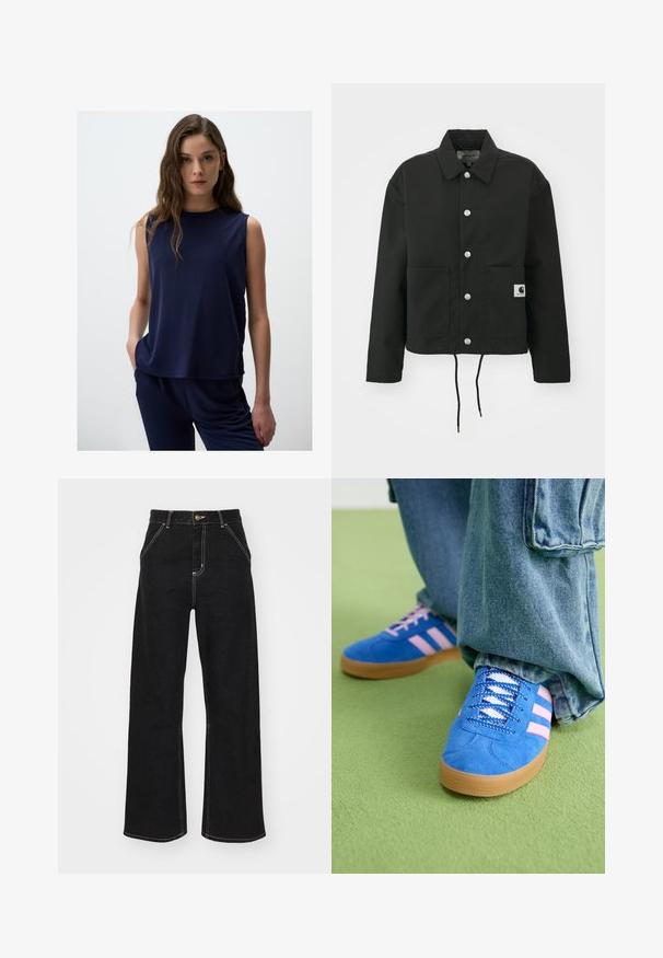 Zwarte cropped jas gemaakt van duurzaam materiaal. Heeft een klassieke kraag, zilveren drukknoopsluitingen, twee voorzakken en een verstelbare trekkoordzoom.; Jimmy Key ROUND NECK SLEEVELESS - Top - dark blue; Zwarte wijde jeans van denim, met contrasterende witte stiksels en een sluiting met knoop aan de voorkant, voorzien van twee schuin geplaatste zakken aan de voorkant.; Blauwe suède schoenen met roze strepen en witte veters, voorzien van een gumrubberen zool, gecombineerd met losse denim broek op een groene ondergrond.