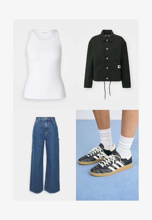 Sort cropped jakke lavet af slidstærkt stof. Har en klassisk krave, sølvfarvede trykknapper, to frontlommer og justerbar snoretræk i nederste kant.; Abercrombie & Fitch HIGHNECK 4WAY CURVE HEM CAMI - Top - brilliant white; Bredde ben blå denimbukser med høj talje, kontrastsyede sømme og sidelommer, med et klassisk fem-lomme design og rå kanter.; Sorte lædersneakers med hvide striber, rund tå, hvide snørebånd og gummisål. Fremhævet af polstret krave og brandingdetaljer.