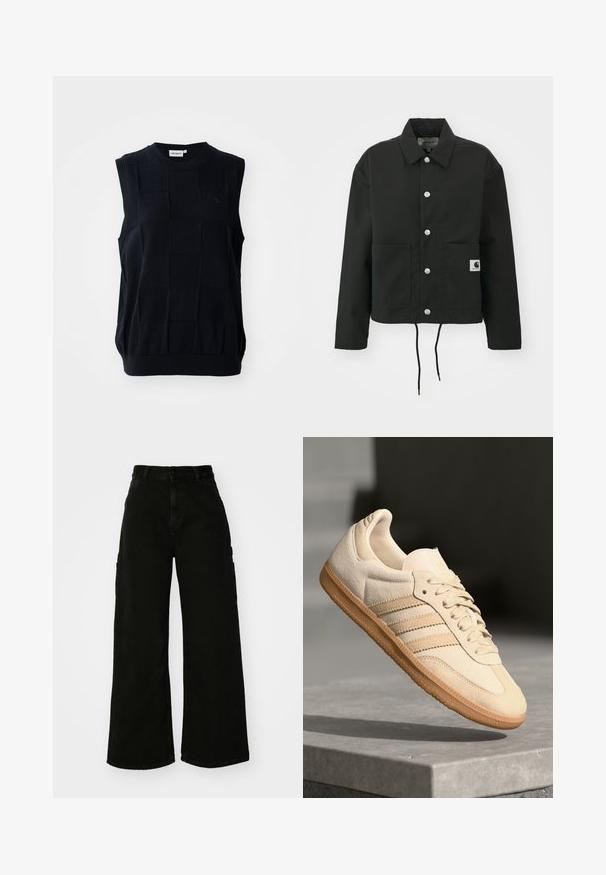 Black cropped jacket made of durable fabric. Features a classic collar, silver snap buttons, two front pockets, and adjustable drawstring hem.; Sleeveless knit top in dark navy with a textured checkered pattern. Features a crew neckline and elastic hem. Made from flexible fabric.; Black wide-leg cargo pants made of denim, featuring a high waist, front button closure, and side pockets. Smooth texture with minimal stitching.; Light beige suede sneaker with gum outsole, three diagonal stripes, and a textured toe cap. Features logo on the tongue and side.