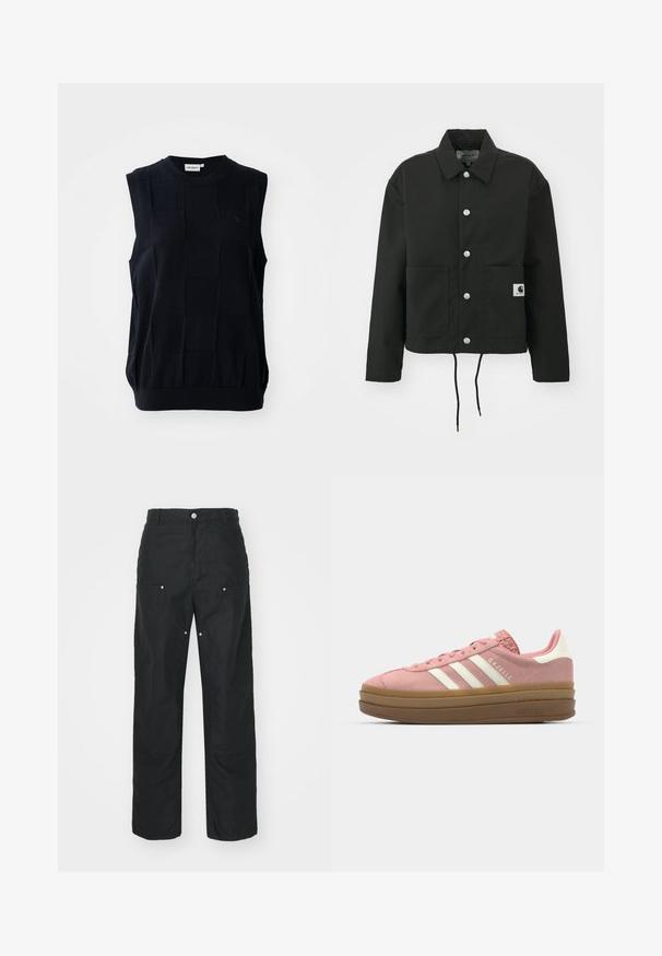 Črna kratka jakna iz trpežnega materiala. Ima klasičen ovratnik, srebrne pritiskače, dve sprednji žepi in nastavljiv rob z vrvico.; brezrokavni pleteninki v temno modri barvi z teksturiranim karirastim vzorcem. Ima okroglo izrez in elastičen spodnji rob. Narejena iz prožnega materiala.; Črne hlače ravnega kroja, izdelane iz teksturirane tkanine. Opremljene so z dekorativnim srebrnim okovjem in edinstvenimi detajli šivov.; adidas Originals GAZELLE BOLD - Športni copati - mauve/off white