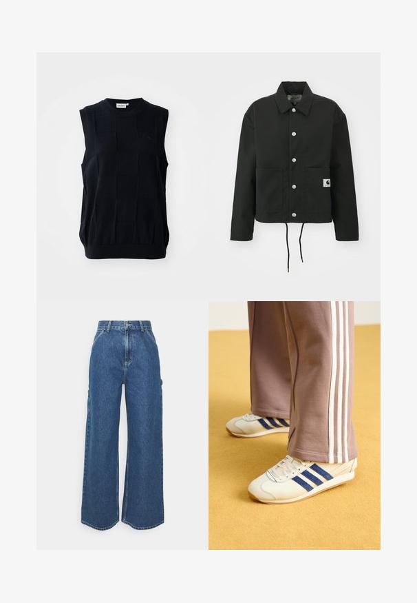 Juodas trumpas švarkas, pagamintas iš tvirto audinio. Savybės: klasikinė apykaklė, sidabriniai mygtukai, dvi priekinės kišenės ir reguliuojamas raištelis aptempimui.; Bežė pailga megztinė be rankovių tamsiai mėlynos spalvos su tekstūrizuotu langelių raštu. Turi apvalią iškirptę ir elastingą apačią. Pagaminta iš elastinės medžiagos.; Plačios mėlynos džinsinės kelnes su aukštu juosmeniu, kontrastingais siūlais ir šoninėmis kišenėmis, turinčios klasikinį penkių kišenių dizainą ir brutalius kraštus.; Kreminės sportinės bateliai su mėlynos nubuko juostelėmis, baltos raišteliais ir guminėmis padangomis. Sukomplektuota su pilkomis sportinėmis kelnėmis, turinčiomis baltas šonines juosteles.