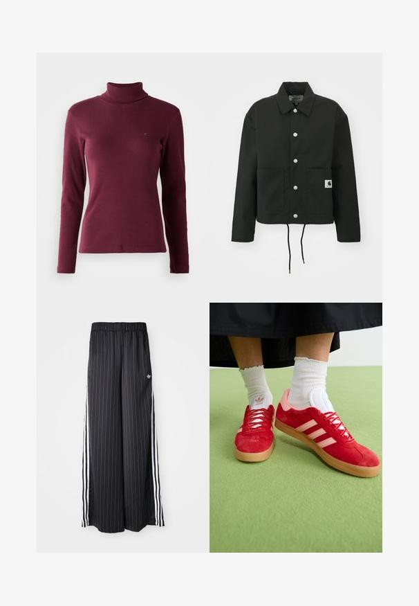 Černá zkrácená bunda vyrobená z odolné tkaniny. Obsahuje klasický límec, stříbrné cvoky, dvě přední kapsy a nastavitelné stahování v dolní části.; Burgundská dlouhá roláková svetr vyrobená z jemně ribovaného materiálu, s přiléhavým střihem a malým logem vyšitým na přední straně.; Černé široké kalhoty s vertikálními bílými pruhy, elastický pas a tři bílé pruhy po straně. Logo Adidas na přední straně.; Červené semišové tenisky s růžovými akcenty, bílým trojpruhovým logem a červenými tkaničkami. Nosené s bílými žebrovanými ponožkami na zeleném povrchu.