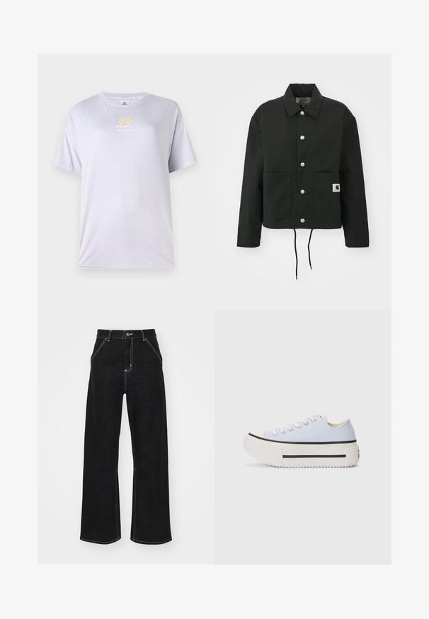 Must must ümber lõikega must jakk, mis on valmistatud vastupidavast kangast. Omab klassikalist kraed, hõbedasi tõmblukke, kahte esist taskut ja reguleeritavat nööriga hemmi.; Heledad lavendel värviline puuvillane T-särk ümmarguse kaelusega, lühikeste varrukatega ning esipositi kuldne graafika, millel on palmipuud.; Mustmustest mustadest denimist, millel on kontrastsed valged õmblused ja esine nupp, kahe nurga all asuva esipocketiga.; Heledadse sinine kanvasist spordisuss, millel on paks valge tald, mustad aktsendid, ümara ninaosa ja kuus silmust paelte jaoks. Tekstuuriga tald haardeks.