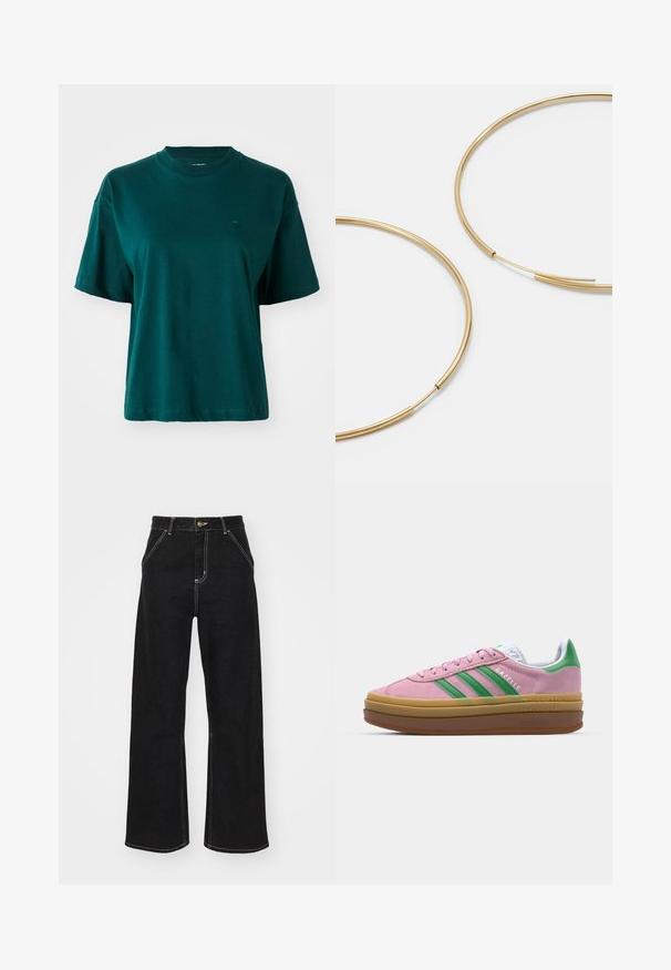 Črna kratka jakna iz trpežnega materiala. Ima klasičen ovratnik, srebrne pritiskače, dve sprednji žepi in nastavljiv rob z vrvico.; Temno zelena kratka majica s kratkimi rokavi iz bombaža, z okroglim izrezom in malim logotipom na levem prsnem predelu. Preprost dizajn.; Črne široke kavbojke iz denima, ki imajo kontrastne bele šive in sprednje gumbno zapiranje, ter dve nagnjeni sprednji žepi.; Roza semširna športna obutev z zelenimi črtami, belimi detajli in rjavim gumijastim podplatom. Ima teksturovan material in logotip na strani.; Zlate obroče ušesne uhane, tanke in krožne oblike, z gladko kovinsko površino brez okrasnih elementov ali vzorcev.