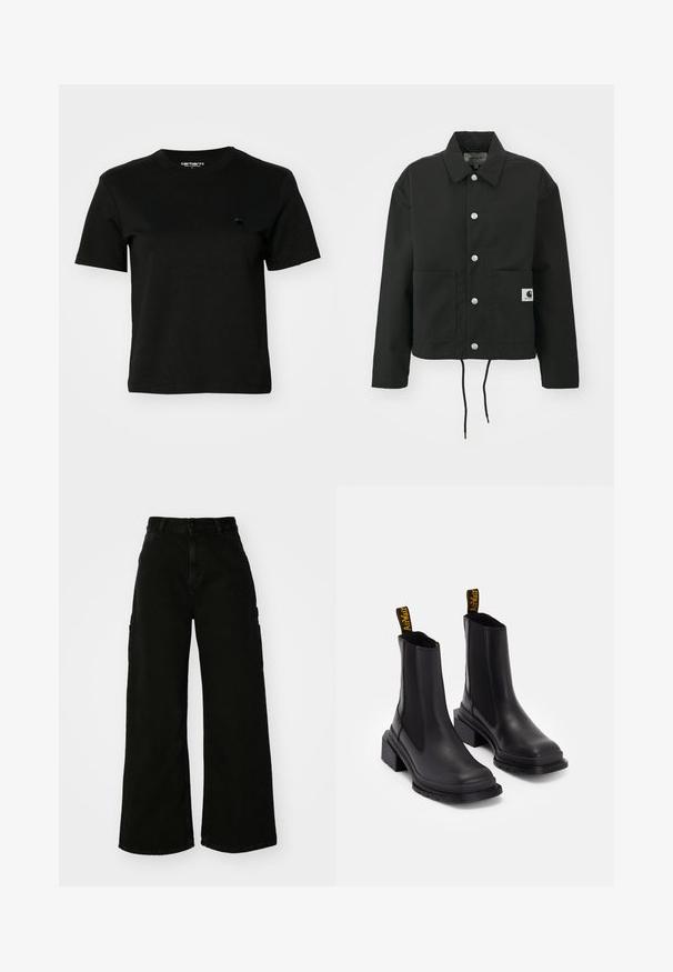 Zwarte cropped jas gemaakt van duurzaam materiaal. Heeft een klassieke kraag, zilveren drukknoopsluitingen, twee voorzakken en een verstelbare trekkoordzoom.; Zwart T-shirt van katoen. Korte mouwen en een ronde hals. Heeft een klein, donker logo op de linkerborst. Eenvoudig, klassiek ontwerp.; Zwarte wijde cargobroek van denim, met een hoge taille, sluiting met een knop aan de voorkant en zijzakken. Gladde textuur met minimale stiksels.; Zwarte enkelboots van soepel leer met elastische zijkanten, een vierkante neus en een dikke hak. Voorzien van gele merklussen.