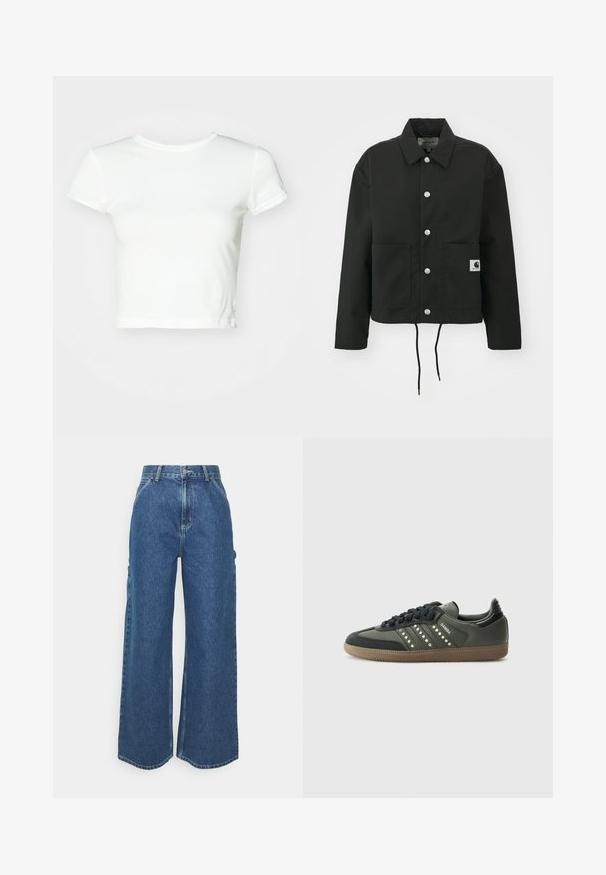 Casaco cropped preto feito de tecido durável. Apresenta um colarinho clássico, botões de pressão prateados, dois bolsos frontais e bainha ajustável com cordão.; Weekday TIGHT FITTED - T-shirt básica - white; Calças de ganga azuis de perna larga com cintura alta, costuras em contraste e bolsos laterais, apresentando um design clássico de cinco bolsos e bainhas desfiadas.; adidas Originals SAMBA OG - Sapatilhas - core black/legend earth/gum