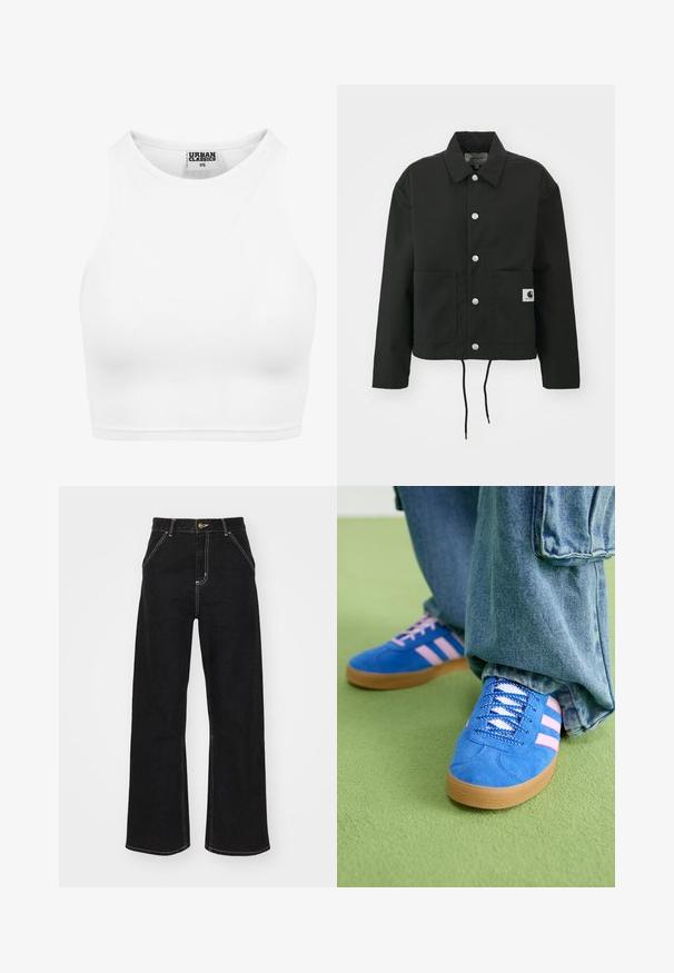 Svart kort jacka i slitstarkt tyg. Har en klassisk krage, silverfärgade tryckknappar, två framfickor och justerbar dragsko i fållen.; Vit ribbad crop top med hög krage och ärmlös design. Tillverkad av mjukt, stretchy material för en komfortabel passform.; Svarta vida jeans i denim, med kontrasterande vit sömnad och framknäppning, samt två snedställda framfickor.; Blå mockaskor med rosa ränder och vita snören, med en sula av gummigummi, kombinerat med lösa denimbyxor på en grön yta.