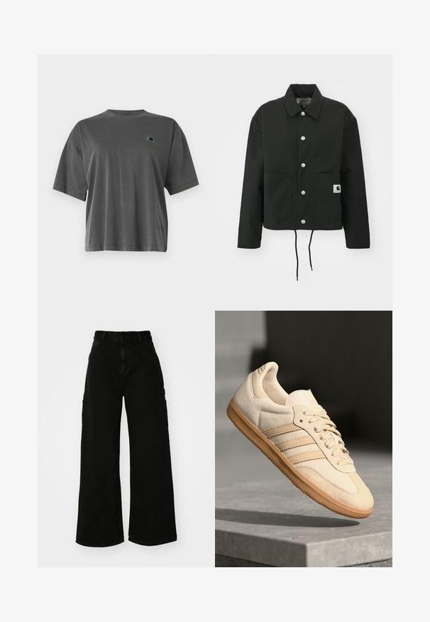 Svart, kort jakke laget av slitesterkt stoff. Har en klassisk krage, sølvfargede trykknapper, to framlommer og justerbar snor i nederkant.; Grå bomull t-skjorte med rund hals og korte ermer. Har en liten logo-patch i en kontrasterende farge på venstre brystområde.; Svart vide ben cargo bukser laget av denim, med høy midje, front knappestenging og sidelommer. Glatt tekstur med minimal søm.; Lys beige suedette sneakers med gummisåle, tre diagonale striper og en teksturert tåhette. Har logo på tungen og siden.