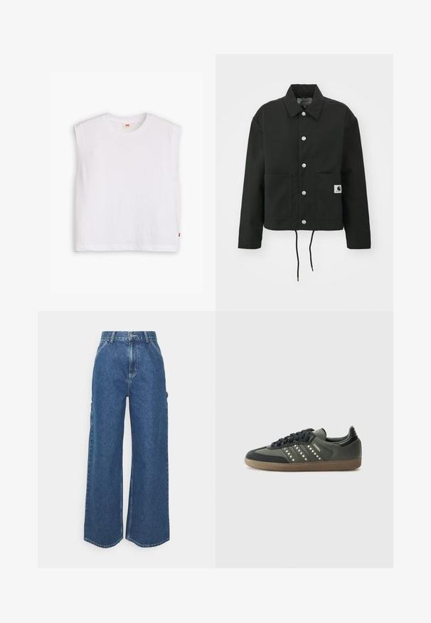 Melnā apgrieztā jakā, kas izgatavota no izturīga auduma. Tam ir klasiskā apkakle, sudraba kniedes, divas priekšējās kabatas un regulējams savelkamo apakšmalu.; Baltas bezrūpīgs kokvilnas T-krekls ar apaļu dekoltē, taisnu griezumu un mazu sarkanu logotipa birku apakšējā malā. Mīksta tekstūra.; Platleņķa zili džinsi ar augstu jostasvietu, kontrastējošām šuvēm un sānu kabatām, ar klasisku piecu kabatu dizainu un neapstrādātiem malām.; adidas Originals SAMBA OG - Sporta apavi - core black/legend earth/gum
