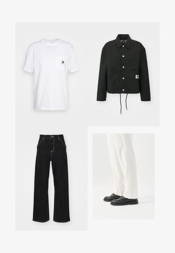 Juodas trumpas švarkas, pagamintas iš tvirto audinio. Savybės: klasikinė apykaklė, sidabriniai mygtukai, dvi priekinės kišenės ir reguliuojamas raištelis aptempimui.; Balta medvilnė marškinėliai trumpomis rankovėmis, apvaliu kaklu ir kairėje krūtinės pusėje kišenė, su juodos ir baltos spalvų logotipo etikete.; Juodi platūs džinsai, pagaminti iš džinsinio audinio, su kontrastingomis baltomis siūlėmis ir priekiniais mygtukais, turintys du kampinius priekinio kišenes.; Juodi odiniai loafersai su lygia tekstūra, siuvinėjimo detalėmis ir apvaliu pirštu, derinami su baltais pritaikytais kelniais.