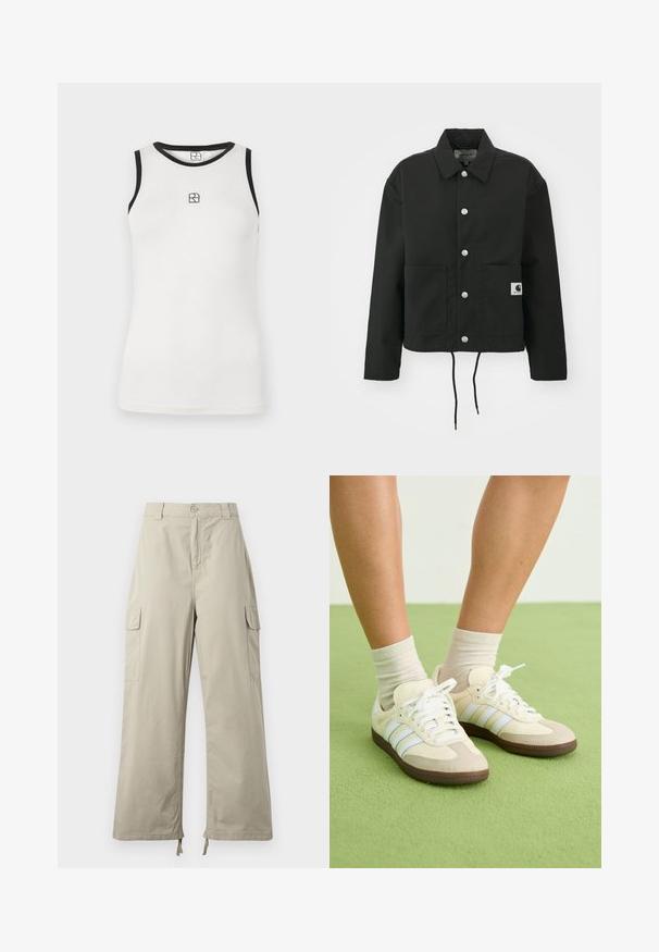 Must must ümber lõikega must jakk, mis on valmistatud vastupidavast kangast. Omab klassikalist kraed, hõbedasi tõmblukke, kahte esist taskut ja reguleeritavat nööriga hemmi.; Valge ilma varrukateta T-särk musta äärega kaela ümber ja käeaukudes. Esifailil on väike must logo. Pehme puuvillane materjal.; Heledad beez cargo püksid lõdva istuvusega, nupuvajutusega kinnitamine, küljetaskud ja reguleeritav äär sidemetega. Sile kangatekstuur.; Samba tossud kreemja ja beeži värvilahendusega, millel on kolm helesinist triipu, valged lõngad ja pruunid kummitaldad.