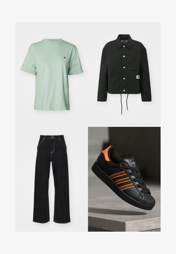 Black cropped jacket made of durable fabric. Features a classic collar, silver snap buttons, two front pockets, and adjustable drawstring hem.; Mint green cotton t-shirt with a crew neckline, short sleeves, and a small embroidered logo on the chest. Soft texture and relaxed fit.; Black wide-leg jeans made of denim, featuring contrasting white stitching and a front button closure, with two angled front pockets.; Black sneaker with orange accents, three horizontal stripes, textured leather upper, rubber toe cap, and black laces.