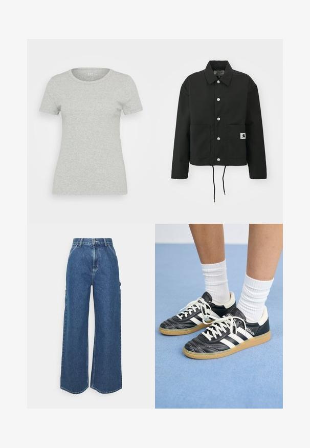 Fekete, vágott fazonú dzseki tartós anyagból. Klasszikus gallérral, ezüst színű patentgombokkal, két elülső zsebbel és állítható, húzózsinóros hemmel rendelkezik.; GAP Basic póló - heather grey; Széles szárú, kék farmernadrág magas derékkal, kontrasztos varrással és oldalsó zsebekkel, klasszikus öt zsebes kialakítással és nyers szegéllyel.; Fekete bőr sportcipők fehér csíkokkal, kerek orral, fehér fűzővel és gumírozott talppal. Párnázott bokarész és márkajelzések emelik ki.