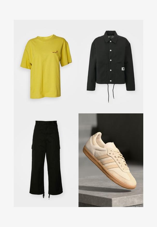Veste noire coupée en tissu durable. Comprend un col classique, des boutons-pression argentés, deux poches avant et un ourlet avec cordon de serrage réglable.; Carhartt WIP AMERICAN SCRIPT - T-shirt basique - golden olive; Pantalons cargo noirs en coton, dotés de jambes larges, de poches latérales et d'ourlets à cordon de serrage. Le design comprend un bouton de fermeture à la taille.; Sneaker en suède beige clair avec semelle en gomme, trois rayures diagonales et un capuchon de pied texturé. Logo sur la languette et sur le côté.