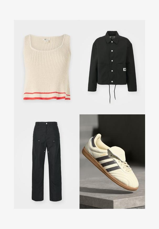 Sort cropped jakke lavet af slidstærkt stof. Har en klassisk krave, sølvfarvede trykknapper, to frontlommer og justerbar snoretræk i nederste kant.; Cremefarvet ribbet tanktop med rund halsudskæring og en rød horisontal stribe ved kanten. Blødt, struktureret stof med en afslappet pasform.; Sorte bukser med lige ben-design, lavet af et tekstureret stof. Har dekorativt sølvhardware og unikke sømdetaljer.; Cremefarvede lædersneakers med tre mørke striber, en brun gummisål og en afrundet tå. Har en foldbar tunge mærket "SAMBA."