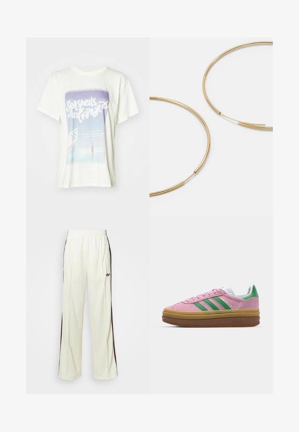 Sort cropped jakke lavet af slidstærkt stof. Har en klassisk krave, sølvfarvede trykknapper, to frontlommer og justerbar snoretræk i nederste kant.; Hvid bomulds T-shirt med et grafisk print af muslinger og en surfer. Designet inkluderer bløde farver med retrotekst og en strandscene.; Cremefarvede sweatpants med en afslappet pasform, der har mørkebrune sidelister og et broderet logo på venstre lår.; Lyserøde ruskindsneakers med grønne striber, hvide accenter og en brun gummisål. Har tekstureret stof og logodetaljer på siden.; Guldfarvede hoops øreringe, tynde og runde i formen, med en glat metallisk finish uden udsmykninger eller mønstre.
