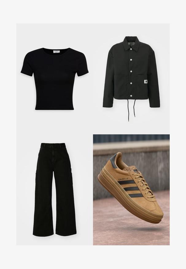 Fekete, vágott fazonú dzseki tartós anyagból. Klasszikus gallérral, ezüst színű patentgombokkal, két elülső zsebbel és állítható, húzózsinóros hemmel rendelkezik.; Fekete, rövid ujjú póló sima pamut anyagból készült, kerek nyakkivágással és testhezálló fazonnal. Minimalista, látható minták nélkül.; Fekete, bő szárú cargo nadrág, denim anyagból, magas derékkal, elülső gombos záródással és oldalsó zsebekkel. Sima textúra minimális varrással.; Barna velúr sportcipők sima textúrával, három sötét csíkkal, lekerekített orral és vastag talppal, amelynek szegélye mintázott.
