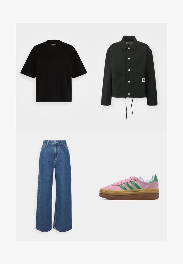 Crna skraćena jakna od izdržljivog materijala. Ima klasični ovratnik, srebrne dugmadi s kopčama, dva prednja džepa i podesivu vezicu na rubu.; Crna pamučna majica s opuštenim krojem, kratkim rukavima, okruglim izrezom i malim logotipom na lijevoj strani prsnog koša.; Široke plave traperice s visokim strukom, kontrastnim šavovima i bočnim džepovima, s klasičnim dizajnom s pet džepova i sirovim rubovima.; Roze suede tenisice s zelenim trakama, bijelim detaljima i smešnim gumiranim potplatima. Imaju teksturirani materijal i logo detalje sa strane.