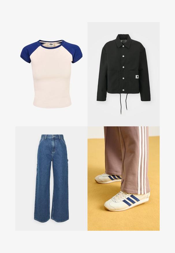 Melnā apgrieztā jakā, kas izgatavota no izturīga auduma. Tam ir klasiskā apkakle, sudraba kniedes, divas priekšējās kabatas un regulējams savelkamo apakšmalu.; Kokvilnas T-krekls ar krēmkrāsas korpusu un ziliem raglaniem piedurknēm. Īsas piedurknes un noapaļota kakla izgriezne. Etiķete redzama iekšpusē ap kaklu.; Platleņķa zili džinsi ar augstu jostasvietu, kontrastējošām šuvēm un sānu kabatām, ar klasisku piecu kabatu dizainu un neapstrādātiem malām.; Krēma krāsas kedas ar zilo zamšādu svītrām, baltām auklām un gumijas zoli. Apvienotas ar pelēkām sporta biksēm ar baltām sānu svītrām.