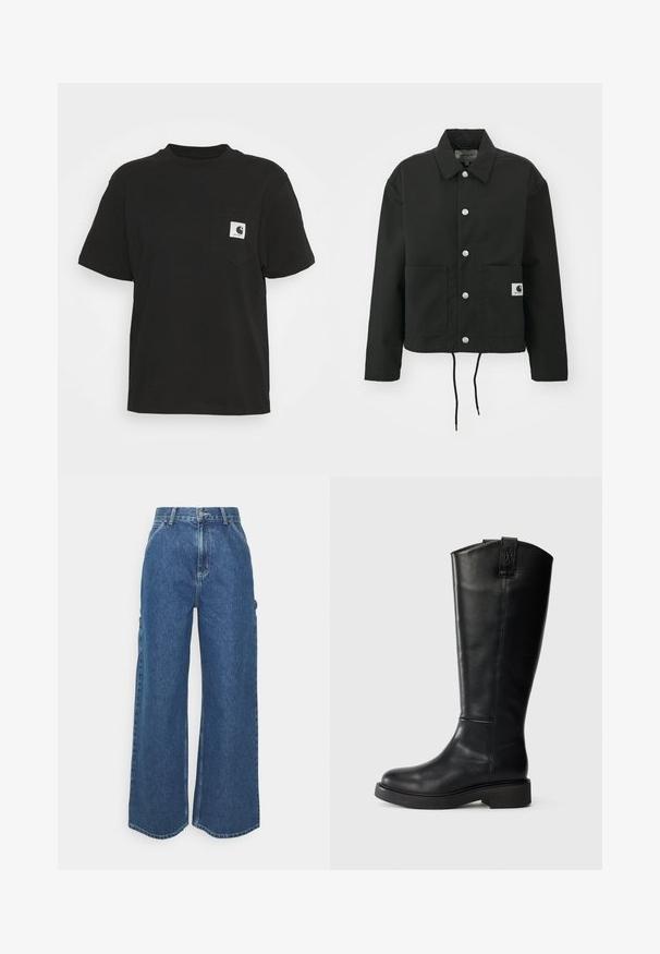 Jachetă neagră scurtă, fabricată dintr-un material durabil. Prezintă un guler clasic, nasturi cu clipsuri argintii, două buzunare frontale și un tiv ajustabil cu șnur.; Tricou din bumbac negru cu mâneci scurte, guler rotund și un buzunar frontal cu un logo pătrat alb și negru.; Pantaloni din denim albastru cu talie înaltă și picioare largi, cu o cusătură contrastantă și buzunare laterale, având un design clasic cu cinci buzunare și margini brut.; Bocanci negri din piele până la genunchi, cu vârf rotund, talpă groasă, cusături minime și un accent cu logo în spate. Textură netedă.