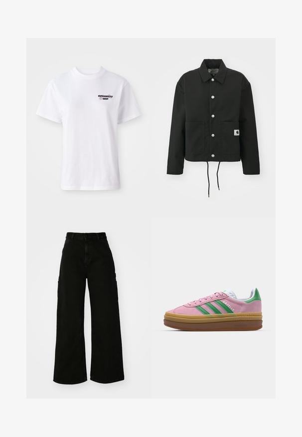 Svart, kort jakke laget av slitesterkt stoff. Har en klassisk krage, sølvfargede trykknapper, to framlommer og justerbar snor i nederkant.; Hvit kortermet t-skjorte med rund hals og lite svart og lilla Carhartt WIP-logo på venstre bryst.; Svart vide ben cargo bukser laget av denim, med høy midje, front knappestenging og sidelommer. Glatt tekstur med minimal søm.; Rosa semskede sneakers med grønne striper, hvite detaljer og en brun gummisåle. Har teksturert stoff og logodetaljer på siden.