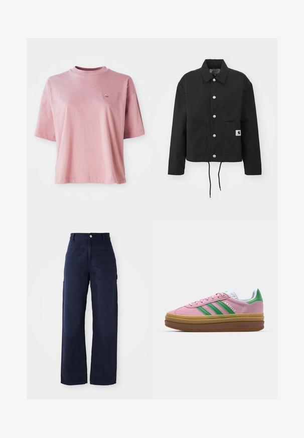 Casaco cropped preto feito de tecido durável. Apresenta um colarinho clássico, botões de pressão prateados, dois bolsos frontais e bainha ajustável com cordão.; T-shirt de manga curta e decote redondo em rosa claro, com um pequeno logotipo no lado superior esquerdo do peito, exibido sobre um fundo branco.; Calças de cargo largas em azul-marinho, feitas de um tecido de algodão resistente, com bolsos laterais e um fecho de botão na cintura.; Ténis de camurça rosa com riscas verdes, detalhes brancos e sola de borracha castanha. Apresenta tecido texturizado e detalhes de logótipo na lateral.