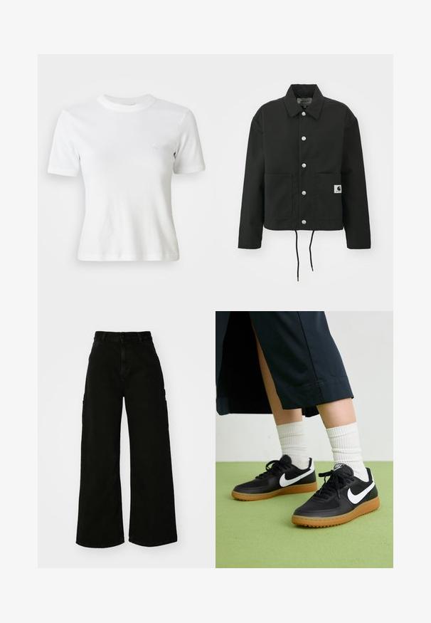 Crna skraćena jakna od izdržljivog materijala. Ima klasični ovratnik, srebrne dugmadi s kopčama, dva prednja džepa i podesivu vezicu na rubu.; Bijela rebrasta majica s kratkim rukavima, okruglim izrezom i malim logotipom na prsima. Izrađena od mekog materijala s prilagođenim krojem.; Crne široke cargo hlače od denima, s visokim strukom, prednjim zatvaranjem na dugme i bočnim džepovima. Glatka tekstura s minimalnim šavovima.; Crne kožne i sintetičke tenisice s bijelim Nike swooshom, gumeni potplat, okrugli vrh i crne vezice. Vidljive rebraste bijele čarape.