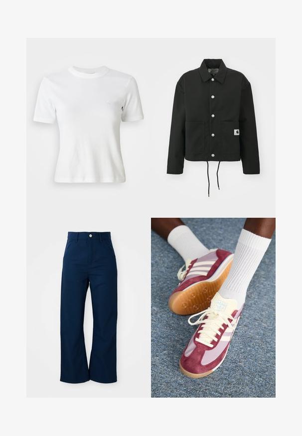 Crna skraćena jakna od izdržljivog materijala. Ima klasični ovratnik, srebrne dugmadi s kopčama, dva prednja džepa i podesivu vezicu na rubu.; Bijela rebrasta majica s kratkim rukavima, okruglim izrezom i malim logotipom na prsima. Izrađena od mekog materijala s prilagođenim krojem.; Mornarskoplave hlače širokih nogavica izrađene od čvrstog materijala, s prednjim zatvaranjem na dugme i četiri džepa s glatkom teksturom.; Tenisice koje imaju dizajn od maroon antilopa i svijetlo ljubičaste nijanse, s tri bijele pruge, kremastim vezicama i teksturiranim žutim jezikom. Guma potplat.