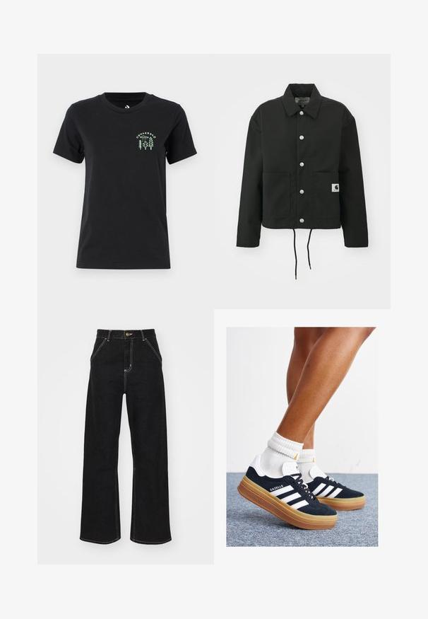 Sort cropped jakke lavet af slidstærkt stof. Har en klassisk krave, sølvfarvede trykknapper, to frontlommer og justerbar snoretræk i nederste kant.; Converse FOREST ART TEE - T-shirts print - black; Sorte bukser med bred ben, lavet af denim og prydet med kontrastfarvet hvid syning samt en frontlukning med knap, og to skrå forlommer.; Sorte sneakers i ruskind med hvide striber og detaljer, rundet tå, ydersål i gummi, kombineret med hvide ribstrikkede crew sokker.