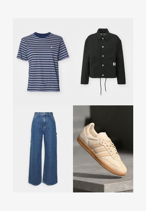 Fekete, vágott fazonú dzseki tartós anyagból. Klasszikus gallérral, ezüst színű patentgombokkal, két elülső zsebbel és állítható, húzózsinóros hemmel rendelkezik.; Kék csíkos pamut póló, vízszintes fehér csíkokkal, bordázott sötétkék gallérral és egy kis logóval a bal mellrészen.; Széles szárú, kék farmernadrág magas derékkal, kontrasztos varrással és oldalsó zsebekkel, klasszikus öt zsebes kialakítással és nyers szegéllyel.; Világos bézs velúr sportcipő, gumitalppal, három átlós csíkkal és texturált orral. A díszítés a nyelven és az oldalon található.