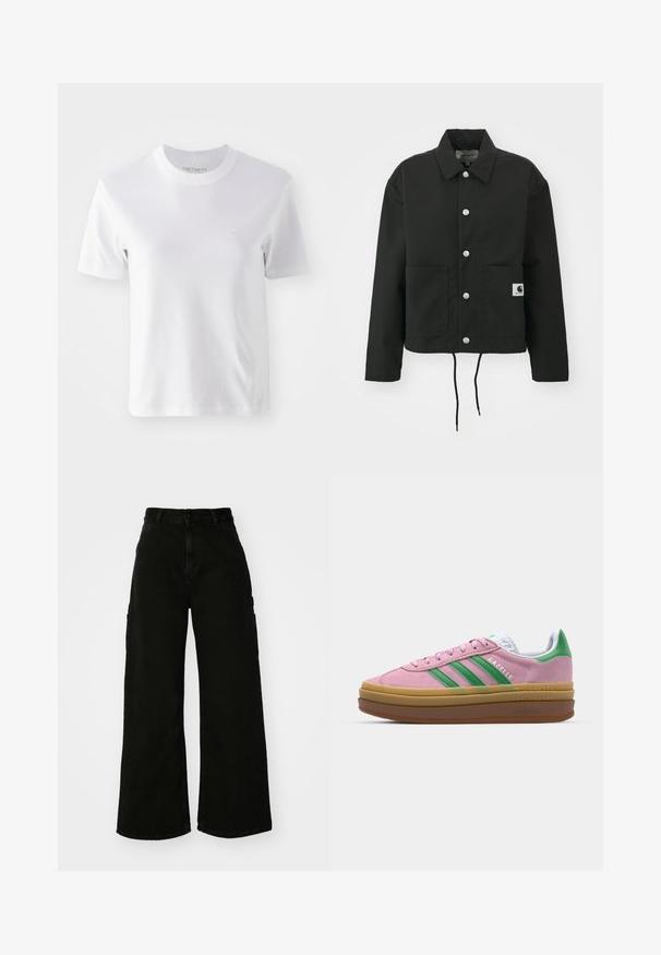 Musta lyhyt takki, joka on valmistettu kestävästä kankaasta. Ominaisuuksiin kuuluvat klassinen kaulus, hopeiset napit, kaksi etutaskua ja säädettävä nyörihelma.; Valkoinen puuvillainen lyhythihainen t-paita, jossa on pyöreä pääntie ja pieni brodeerattu logo rinnassa, sileä pinta ja yksinkertainen muotoilu.; Mustat leveälahkeiset cargo-housut, jotka on valmistettu denimistä ja joissa on korkea vyötärö, etunapitus ja sivutaskut. Silkkinen pinta, jossa on minimaalinen ompelu.; Vaaleanpunaiset mokkanahkakengät, joissa on vihreät raidat, valkoiset yksityiskohdat ja ruskea kumipohja. Sisältää tekstuurillista kangasta ja logoyksityiskohtia sivulla.