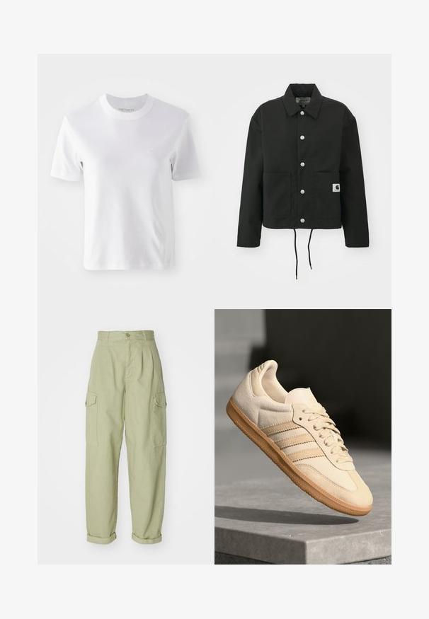 Čierna krátka bunda vyrobená z odolnej tkaniny. Obsahuje klasický golier, strieborné cvoky, dve predné vrecká a nastaviteľný šnúrkový lem.; Biela bavlnená tričko s krátkym rukávom, s okrúhlym výstrihom a malým vyšitým logom na hrudi, hladká textúra a jednoduchý dizajn.; Svetlozelené cargo nohavice vyrobené z bavlnenej tkaniny. Vyznačujú sa vysokým pásom, ohrnutými manžetami a dvoma bočnými cargo vreckami pre zvýšenú funkčnosť.; Svetlo béžová semišová teniska s gumovou podrážkou, tromi diagonálnymi pruhmi a textúrovaným špičkovým krytom. Obsahuje logo na jazyku a boku.