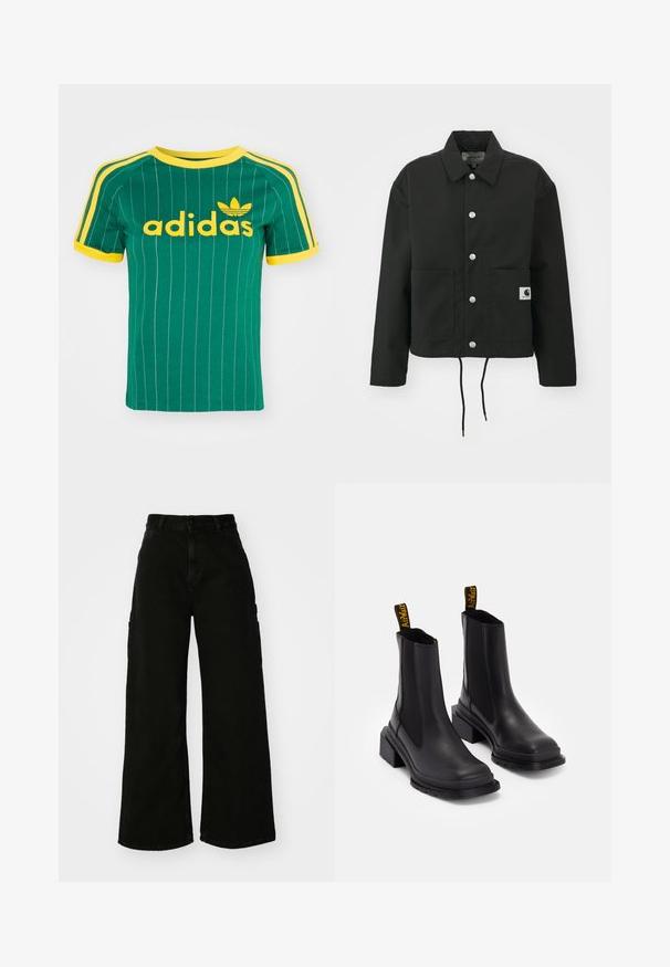 Melnā apgrieztā jakā, kas izgatavota no izturīga auduma. Tam ir klasiskā apkakle, sudraba kniedes, divas priekšējās kabatas un regulējams savelkamo apakšmalu.; Zaļš kokvilnas T-krekls ar vertikālām baltām svītrām, dzelteniem akcentiem un "adidas" logotipu dzeltenā fontā. Īsas piedurknes un apaļas kakla izgriezuma dizains.; Melni platā kāju kravas bikses no denima, ar augstu vidukli, priekšējo pogu aizdari un sānu kabatām. Gluda tekstūra ar minimālu šuvju skaitu.; Melni potītes ar gludu ādu, elastīgām sānu daļām, kvadrātveida purngaliem un masīviem papēžiem. Iezīmētas ar dzeltenām zīmola izvilkšanas cilpām.